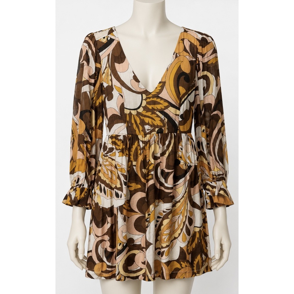 TCEC Women's Lightweight Dress Small Deep V Neck Empire Waist Brown Puff Sleeves